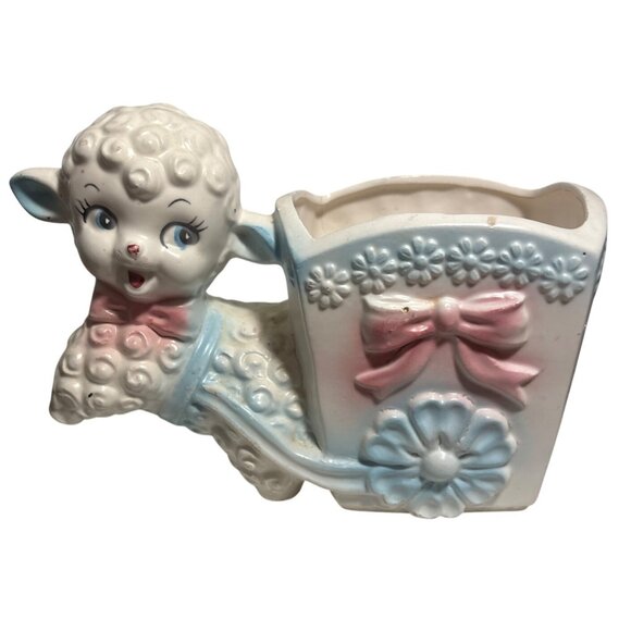 Vintage Inarco Planter Baby Lamb Pulling Cart Ceramic  Japan Kitschy Cute 1950s - Picture 1 of 13